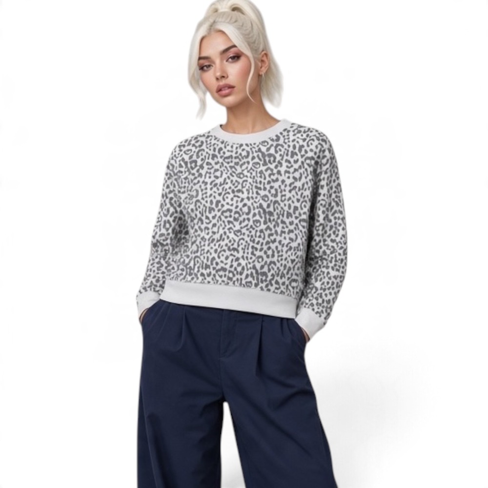 Kismet Leopard Print Sweater Gray Black Boxy Oversized Crew Neck Cotton Blend M